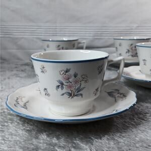 5 Royal Doulton Lincoln Teacup and Saucer Sets Pink & White Flowers Blue Leaves